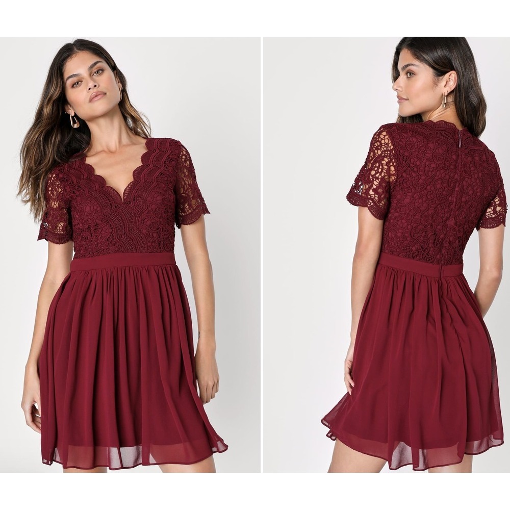 Lulus Angel in Disguise Burgundy Lace Skater‎ Dress V-Neck Short Sleeve Size S